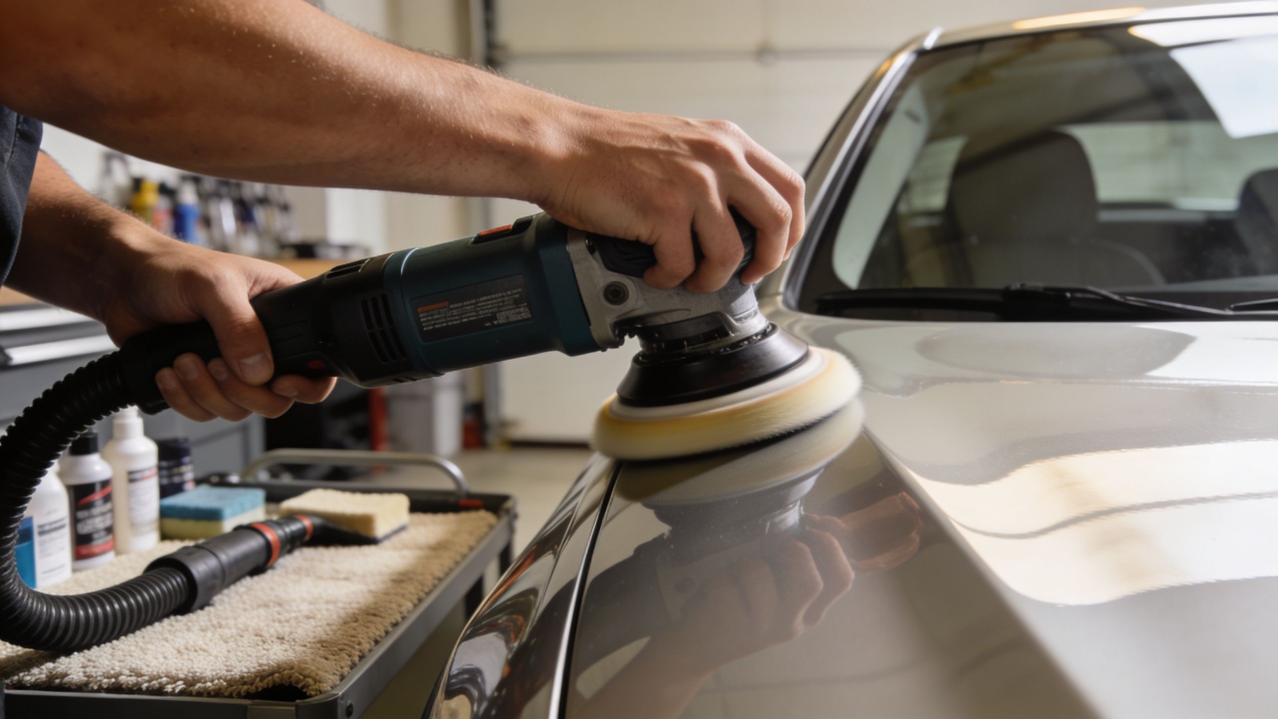 A professional technician using an electric rotary polisher to buff and polish the hood of a silver car.