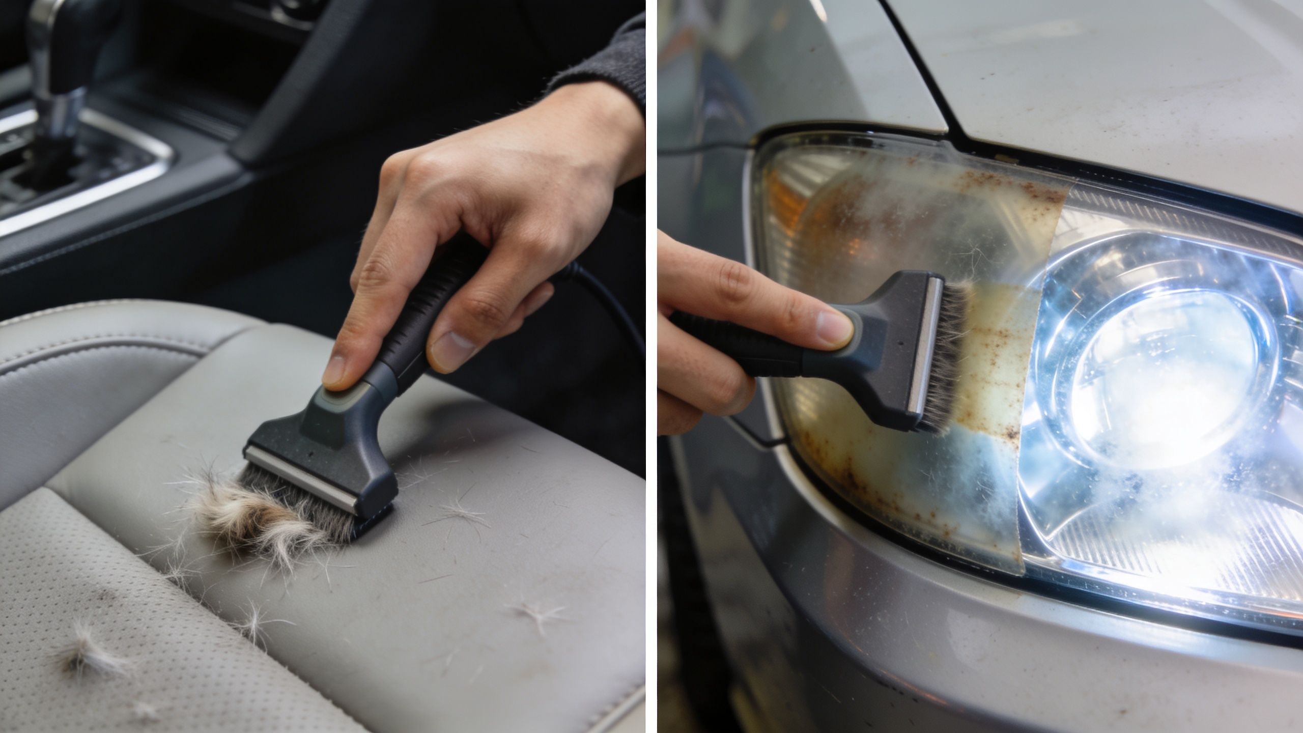 A dual-panel image showing a person using a steam cleaner tool on a car seat and headlight.