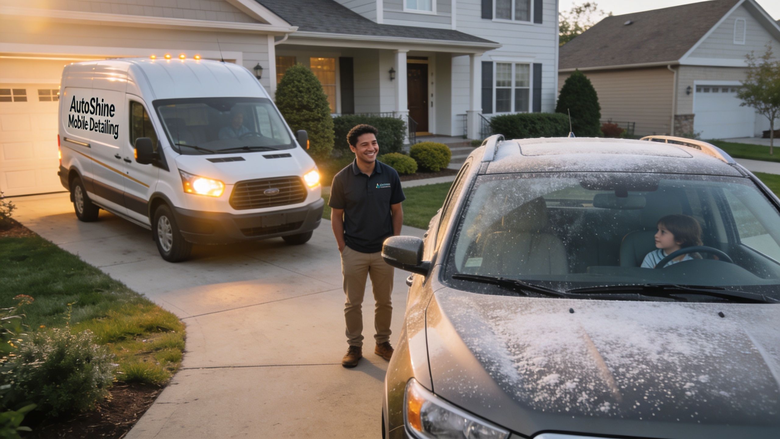 A professional auto detailer smiling beside a frost-covered car at a home with a mobile detailing van.