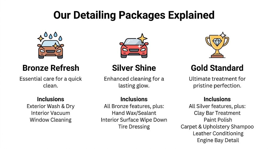 A comparison chart of three auto detailing service packages titled Bronze Refresh, Silver Shine, and Gold Standard.