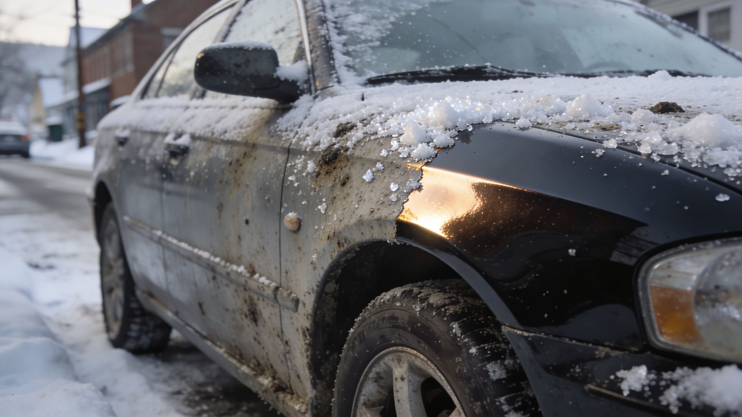 A dirty black car covered in road salt and snow parked on a street in winter.