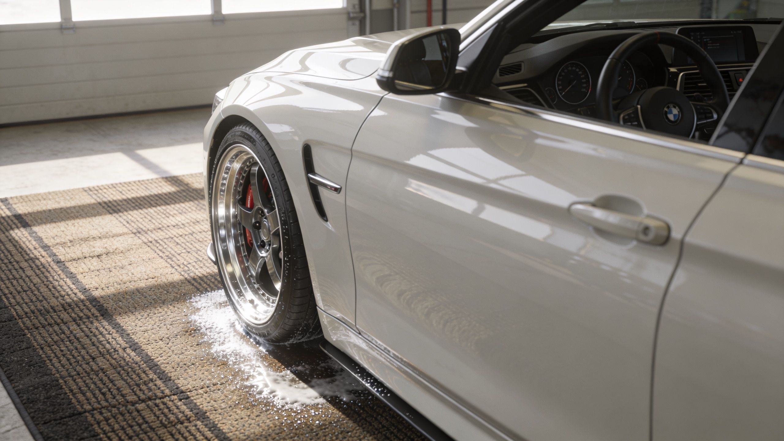 A clean white BMW sports car parked indoors on a textured mat after a professional car wash.