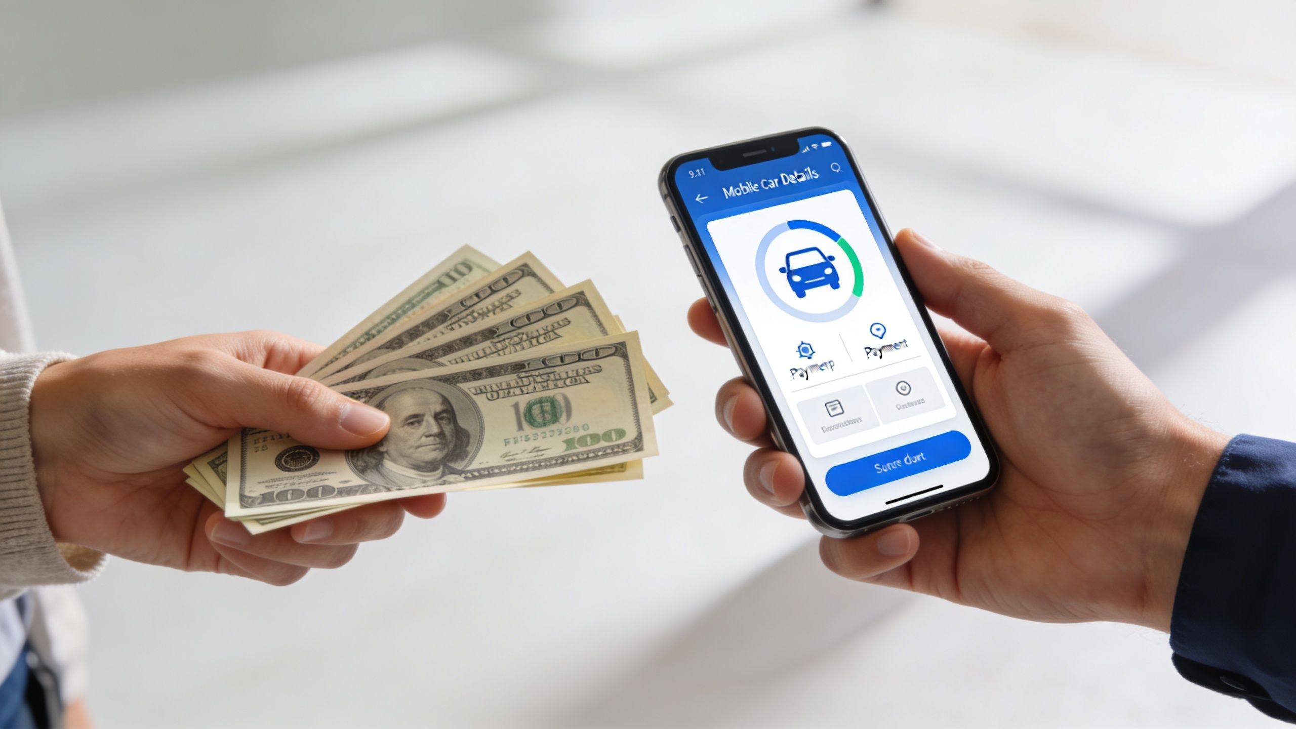 A person handing cash to another person who is using a mobile car detailing app on a smartphone.