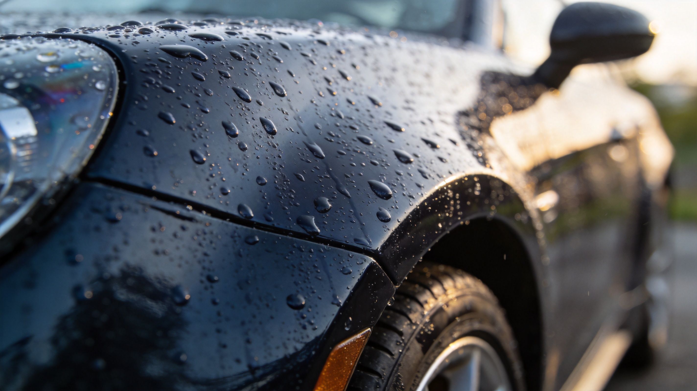 Close up of a black car hood covered in rain droplets showcasing ceramic coating and paint protection