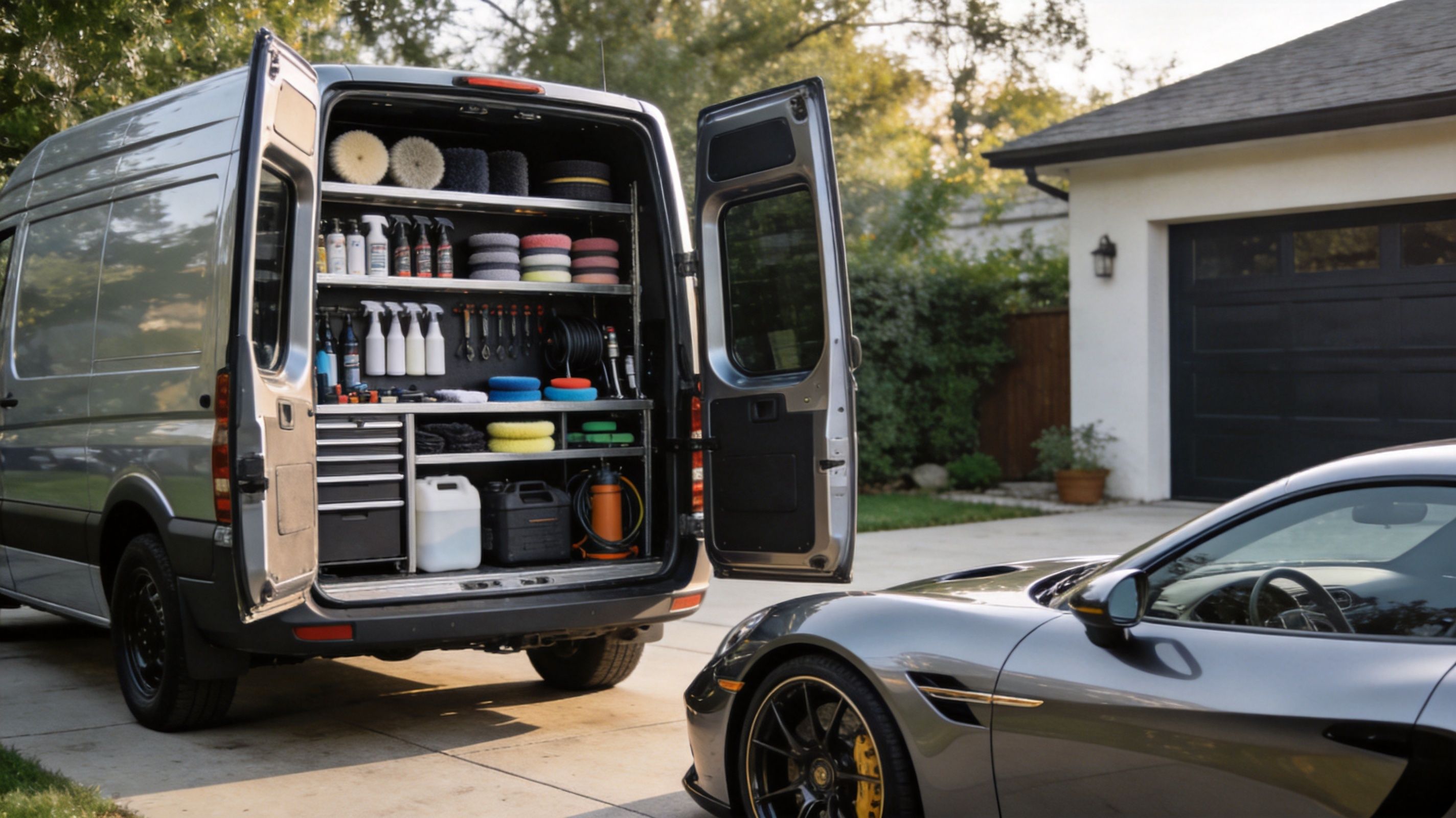 A professional mobile car detailing van parked in a driveway next to a luxury sports car.