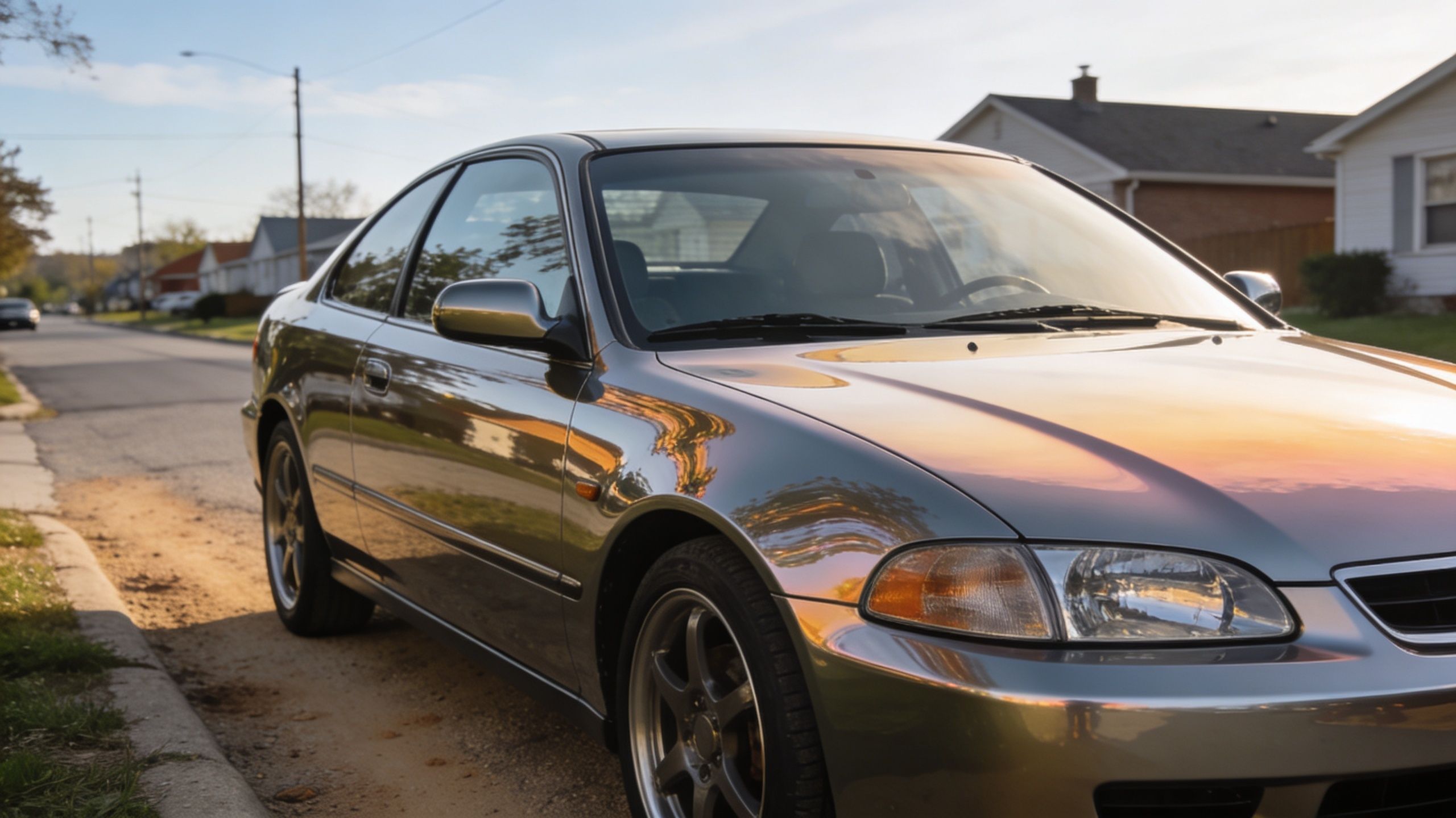 A silver coupe parked on a residential street during sunset, reflecting the warm glow of the light.