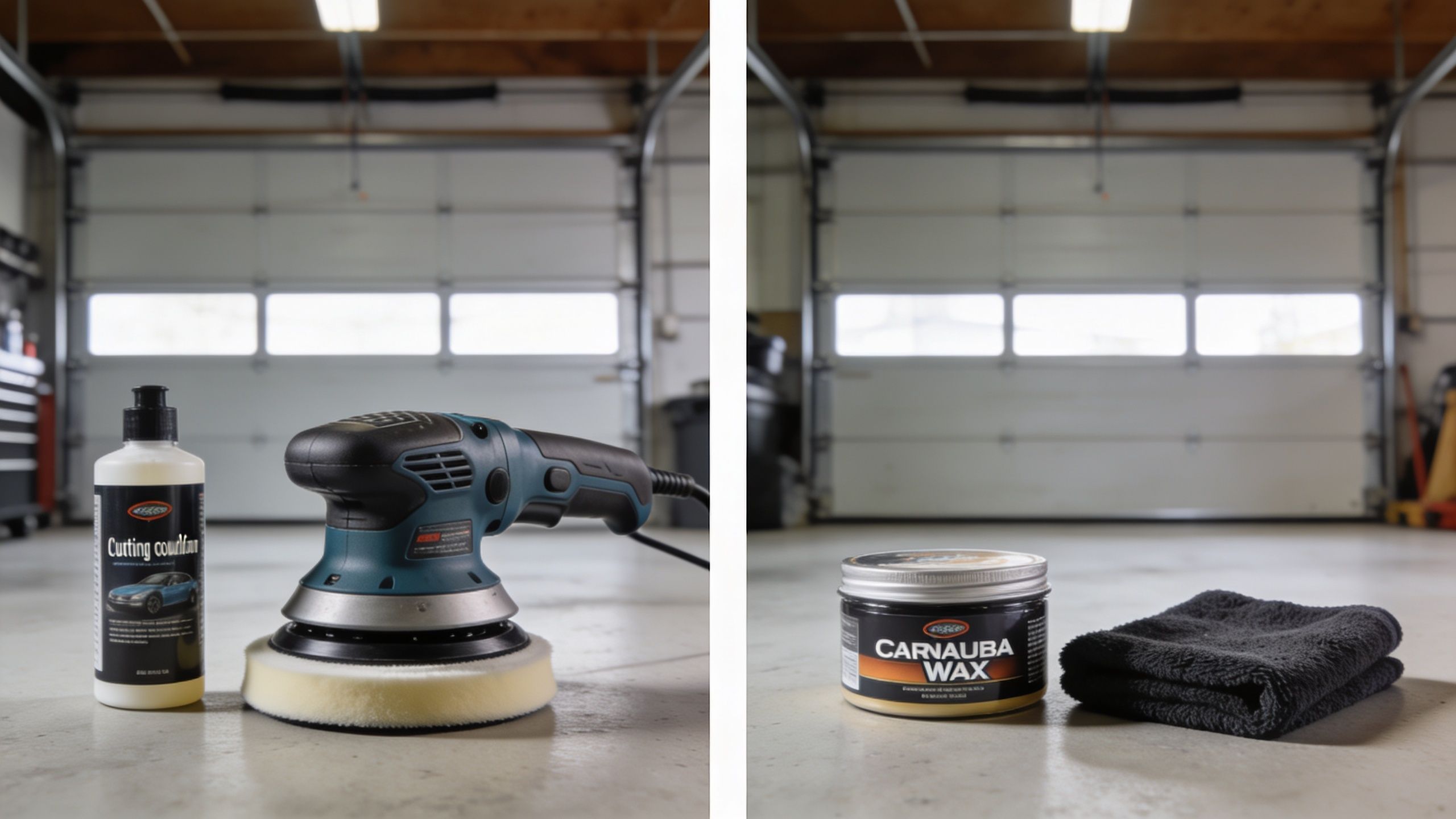 A dual-image comparison of a dual action polisher with compound and carnauba wax with a cloth.