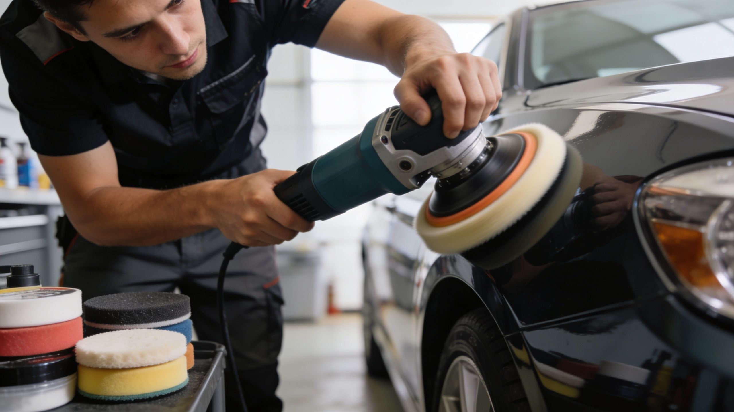 A professional car detailer polishing a black car exterior with a machine buffer in a workshop.