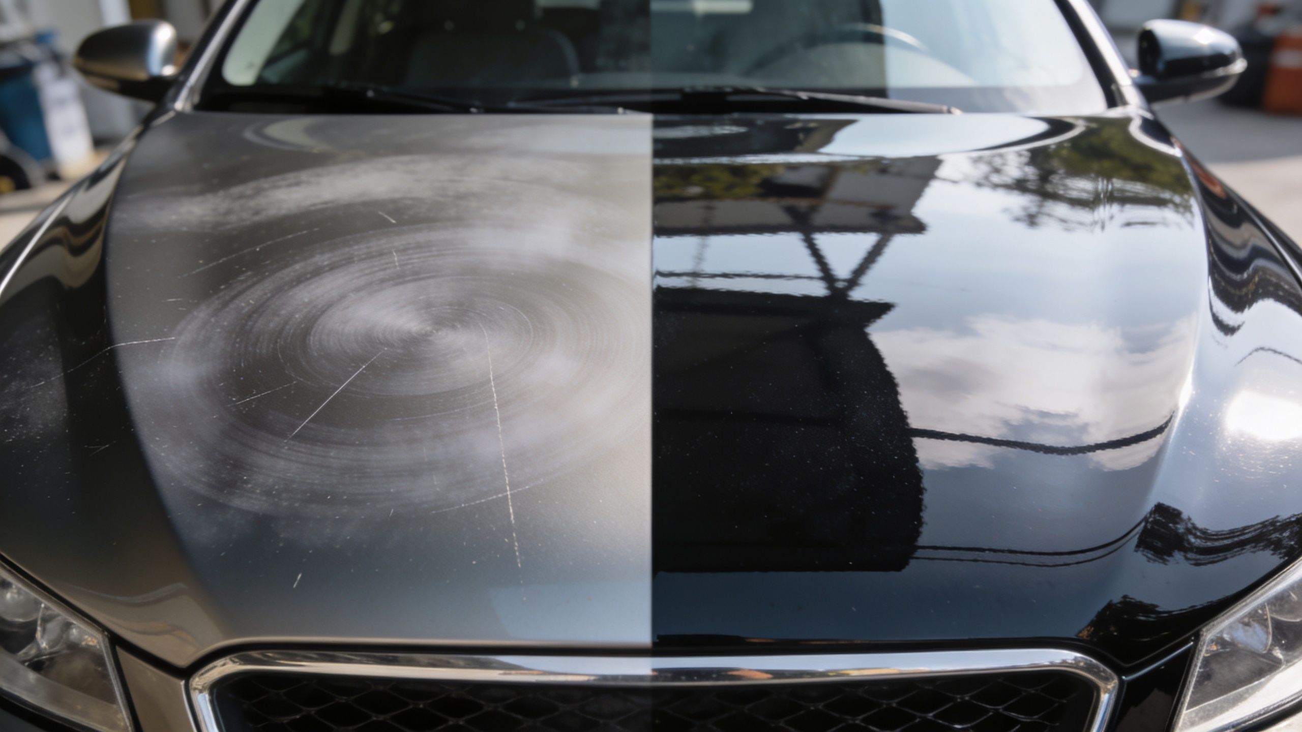 A car hood showing a clear contrast between damaged oxidized paint and polished shiny black paint.