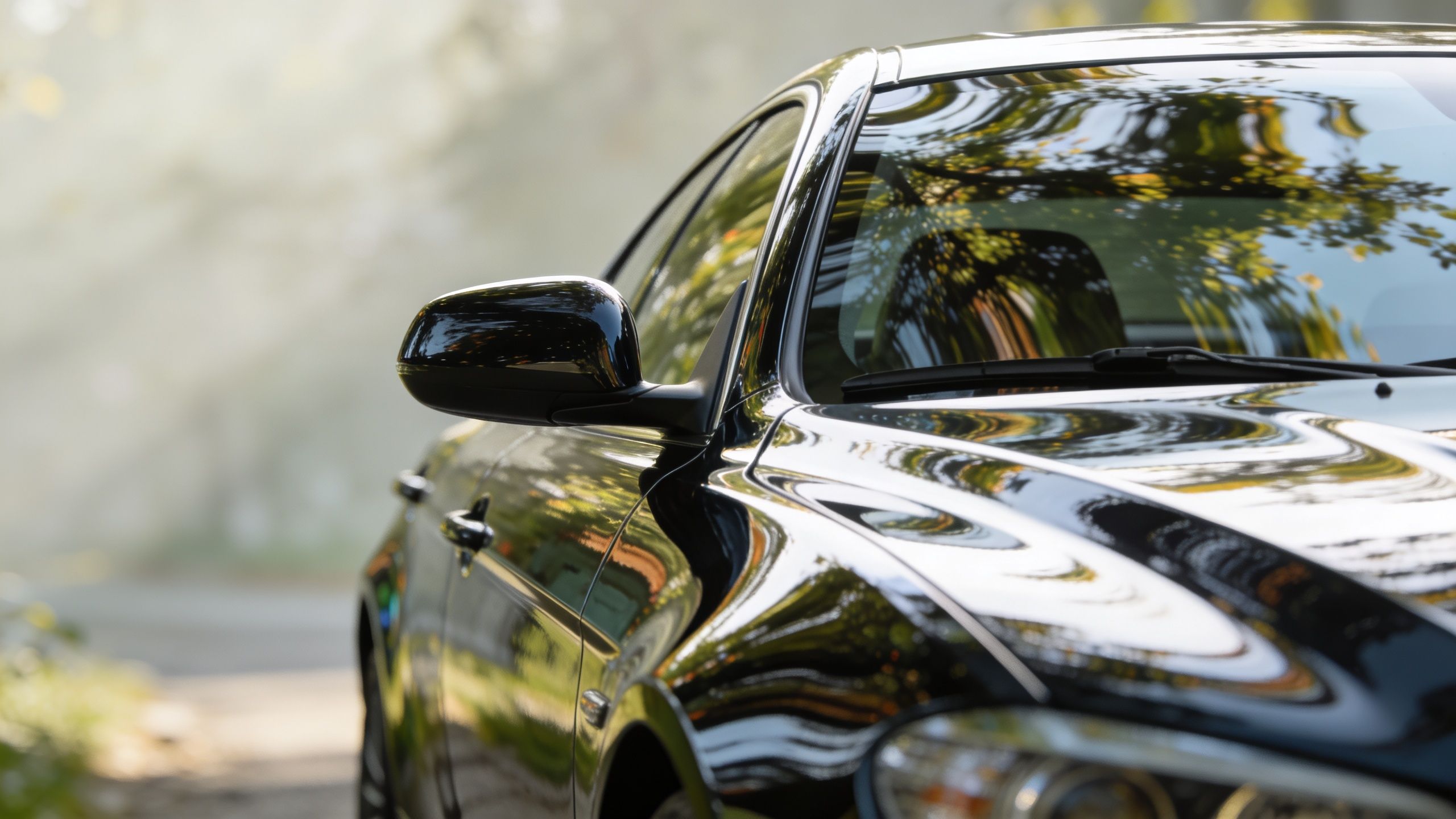 A sleek, black luxury car with a glossy, polished finish sitting on a scenic road.