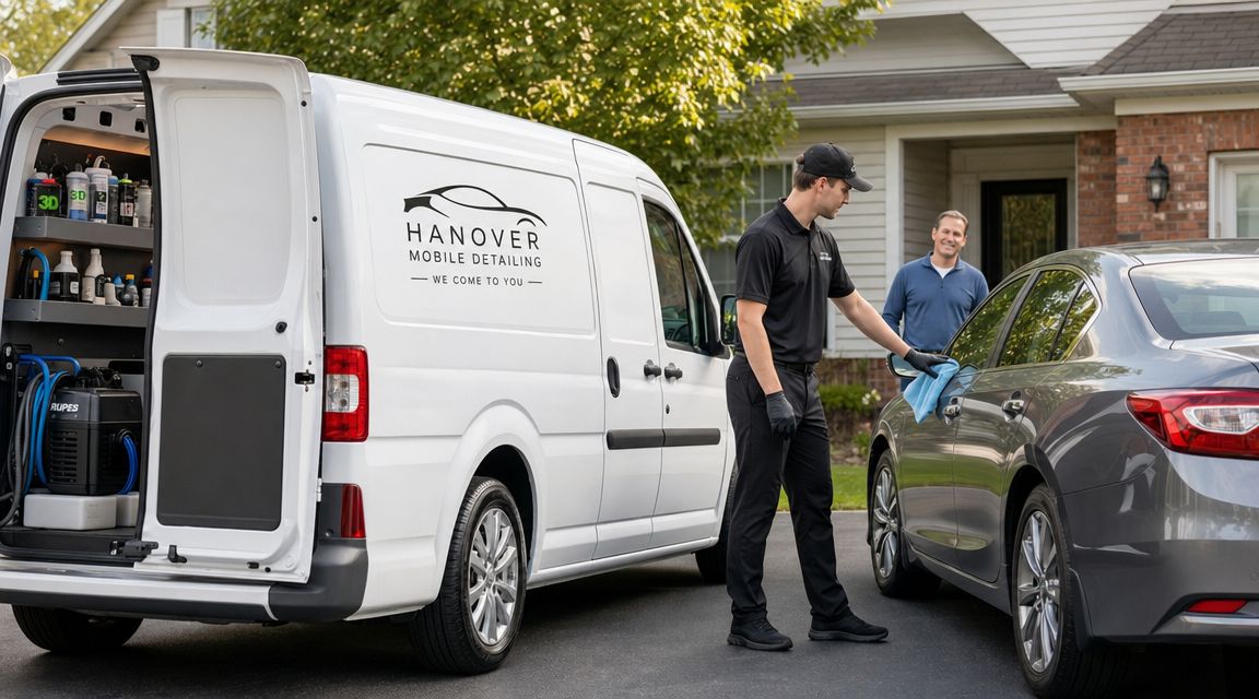 A professional car detailer in black uniform wipes down a gray sedan parked in a driveway.