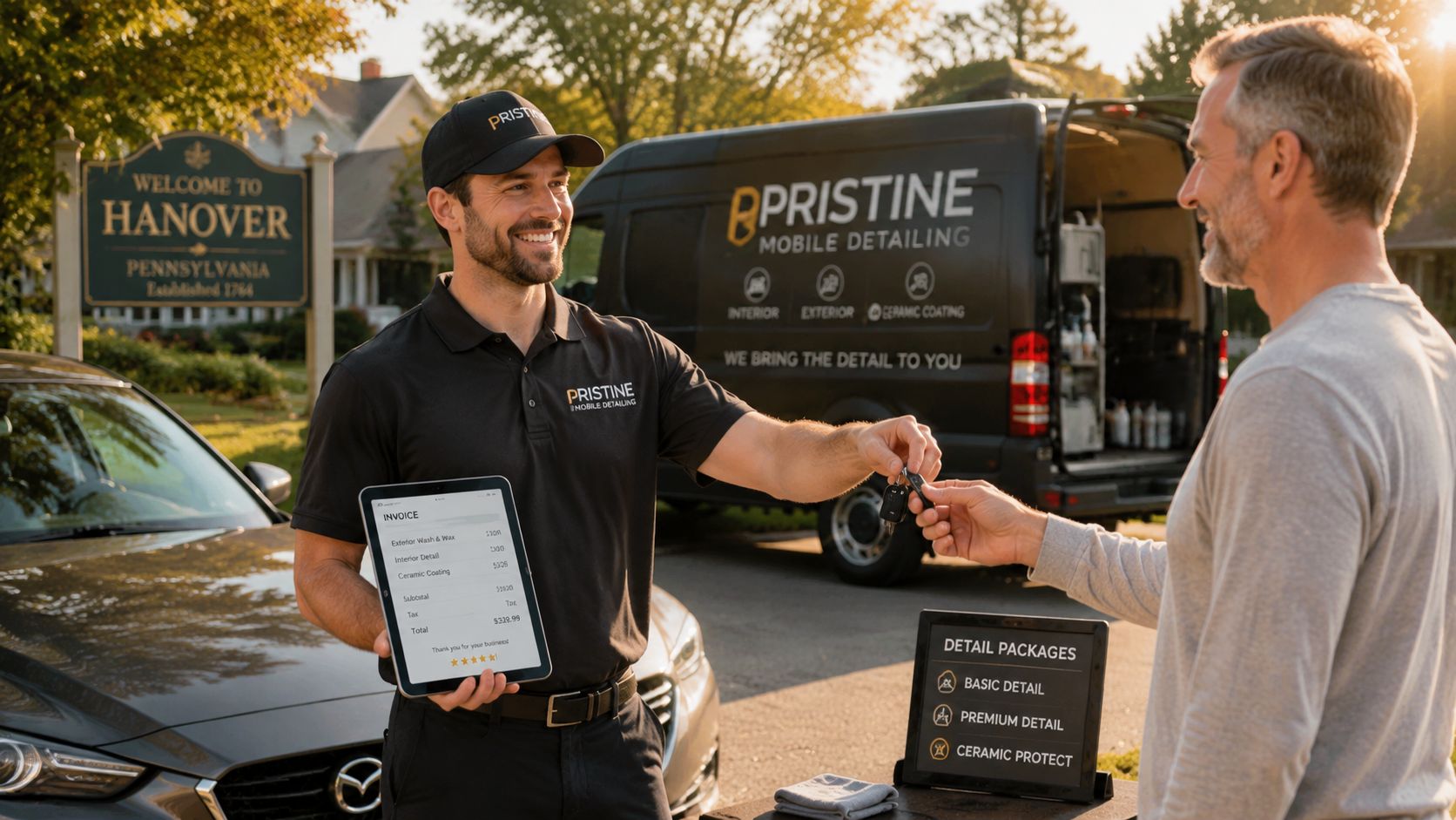A professional car detailer in Hanover, PA handing car keys to a customer after completing service.