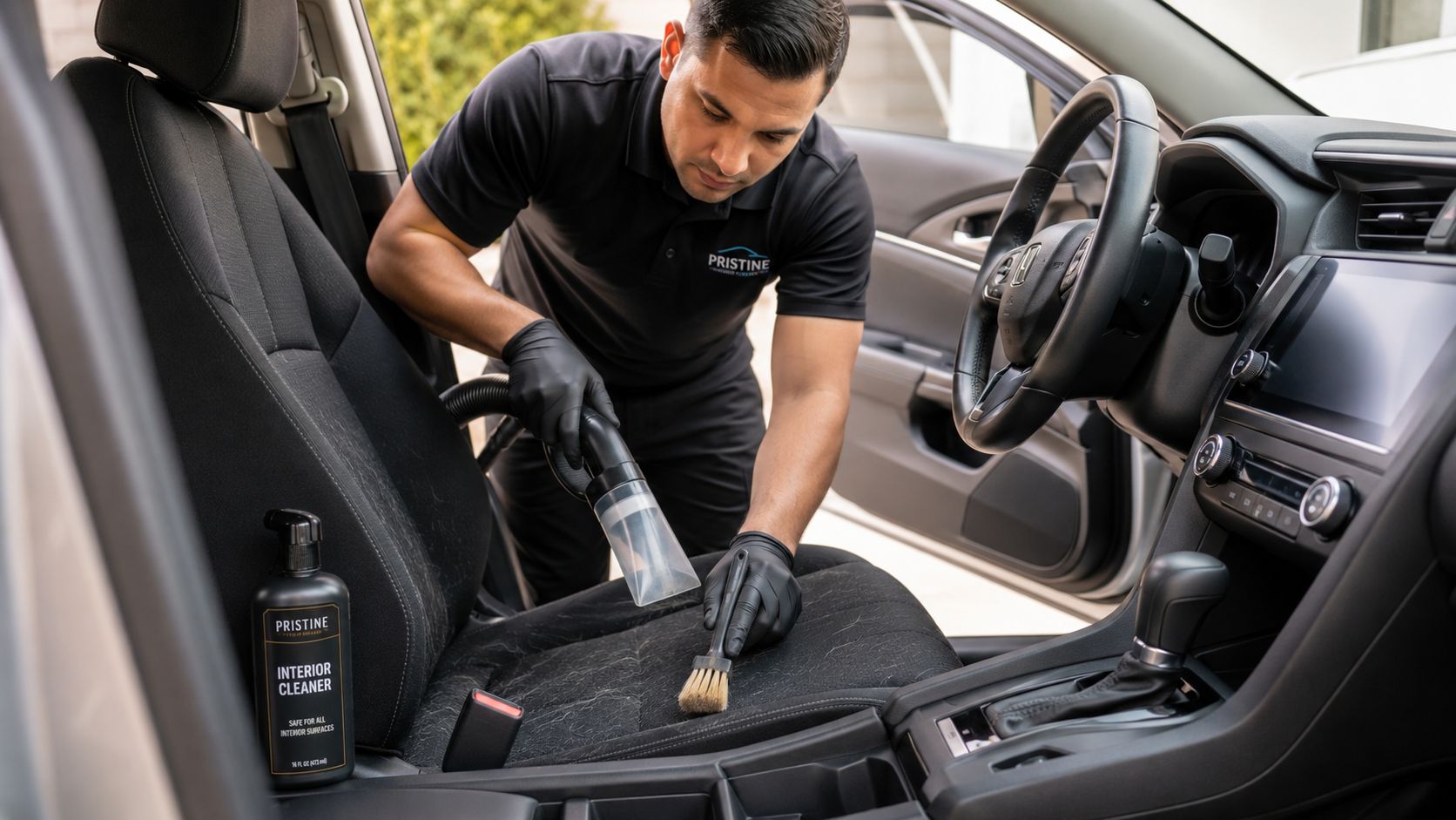 A professional car detailer cleaning car upholstery with a vacuum and brush for thorough dirt removal.