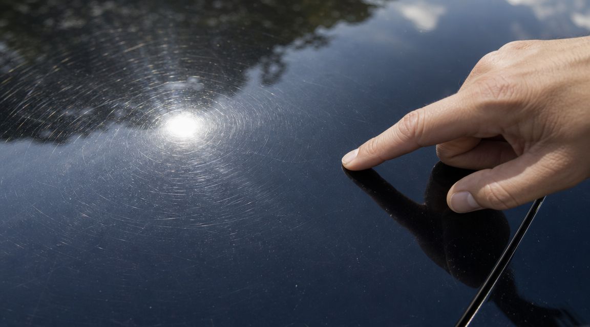A close-up view of a hand pointing at swirl marks and scratches on black car paint.