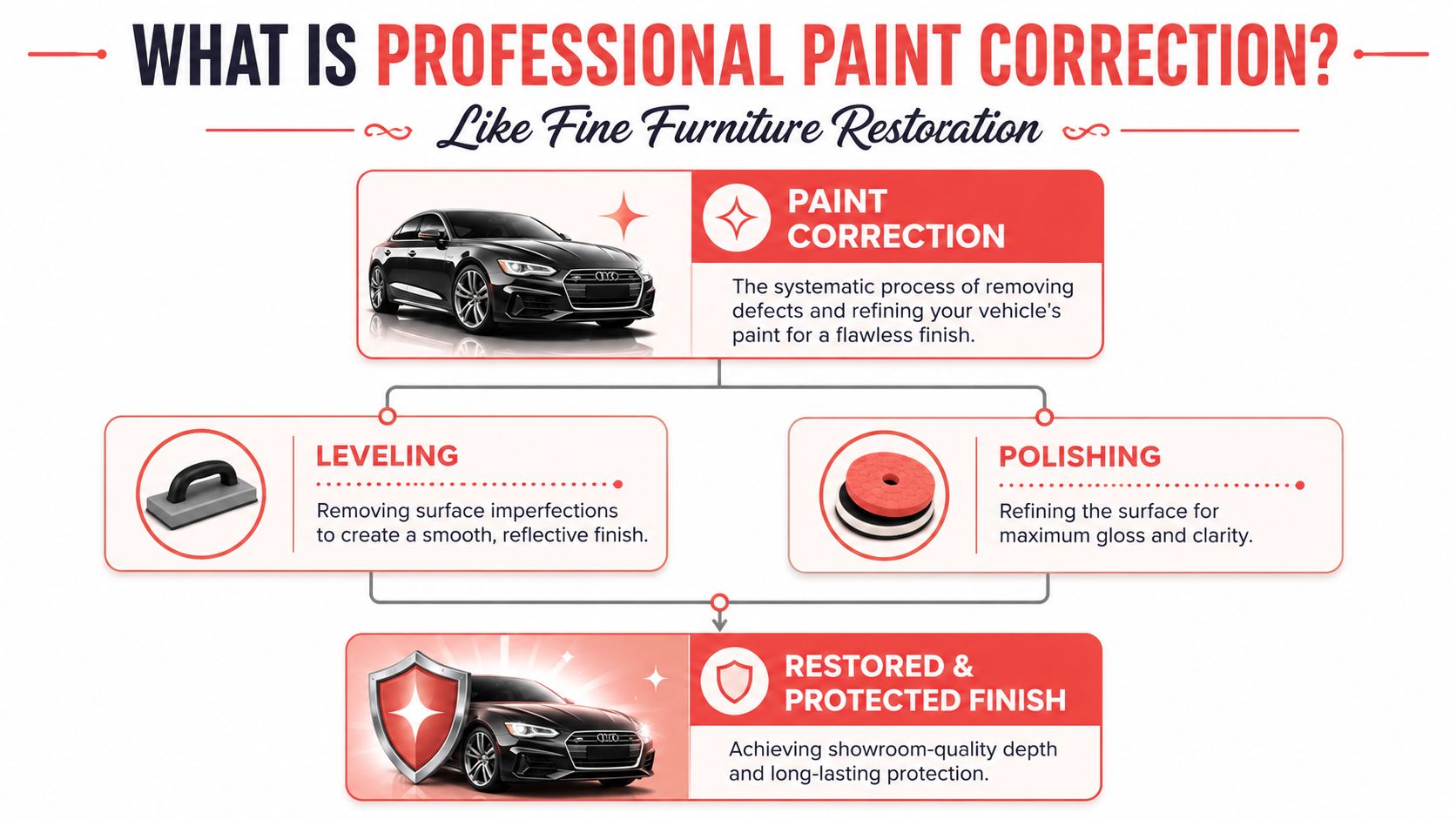 A diagram explaining the professional vehicle paint correction process, including leveling, polishing, and protection stages.