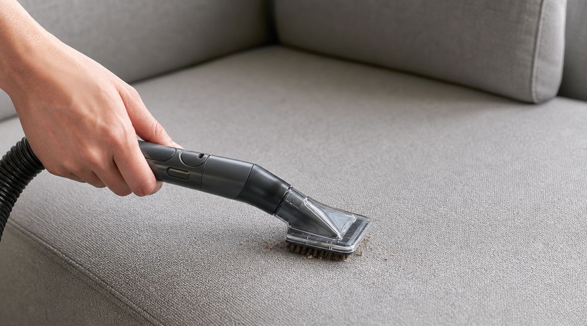 A close-up view of a person using a vacuum attachment to clean debris off a gray couch.