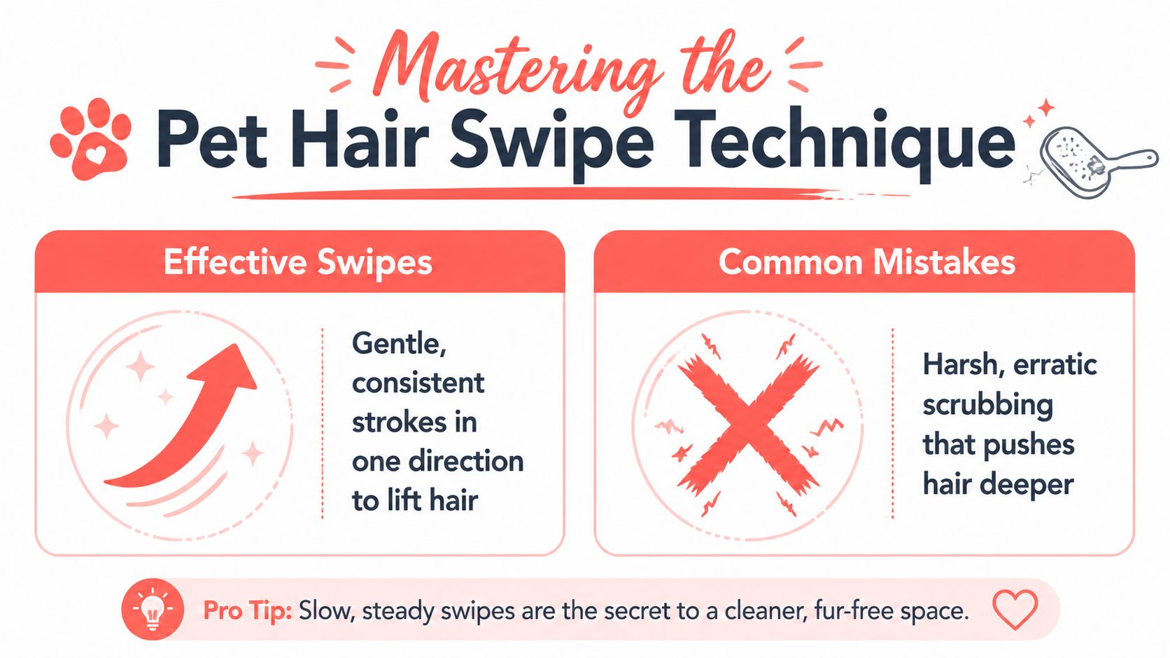 An infographic showing effective versus incorrect techniques for using a pet hair remover tool on furniture.
