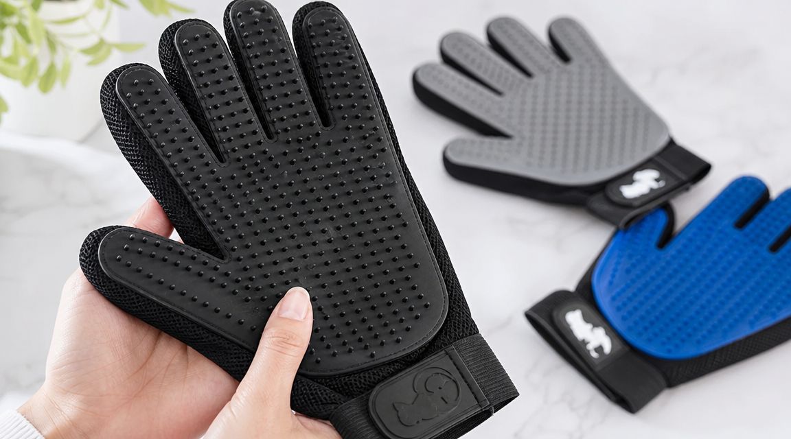 A hand holds a black pet grooming glove featuring rubber bristles for removing fur from furniture.