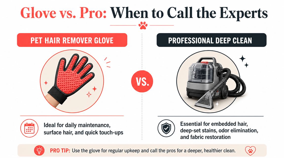 A comparison graphic showing a pet hair removal glove for quick touch-ups versus professional carpet cleaning equipment.