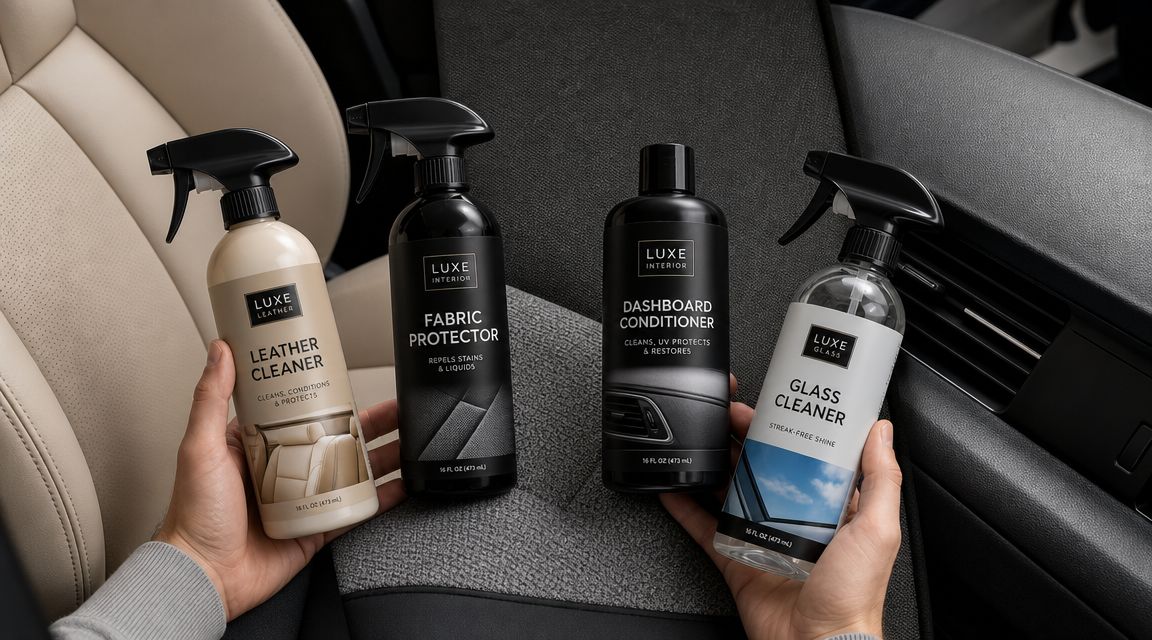 A person holding various bottles from a Luxe interior car cleaning kit inside a vehicle.