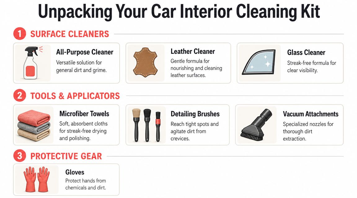An infographic showing the essential components of a car interior cleaning kit, including cleaners, tools, and protective gear.