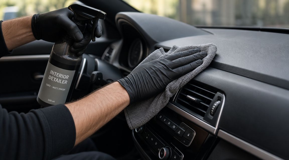A professional detailer cleaning a car dashboard with a microfiber cloth and interior detailer spray.