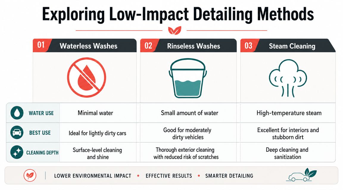 An infographic comparing waterless washes, rinseless washes, and steam cleaning as eco-friendly car detailing methods.
