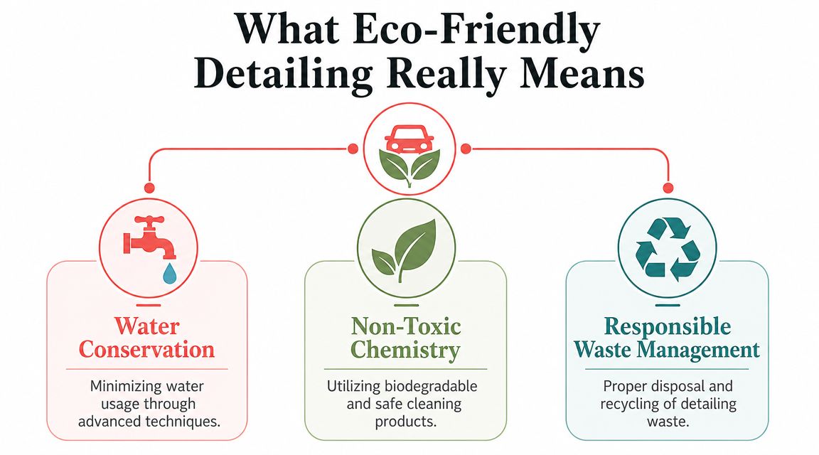 An infographic titled What Eco-Friendly Detailing Really Means highlighting water conservation, non-toxic chemistry, and responsible waste management.