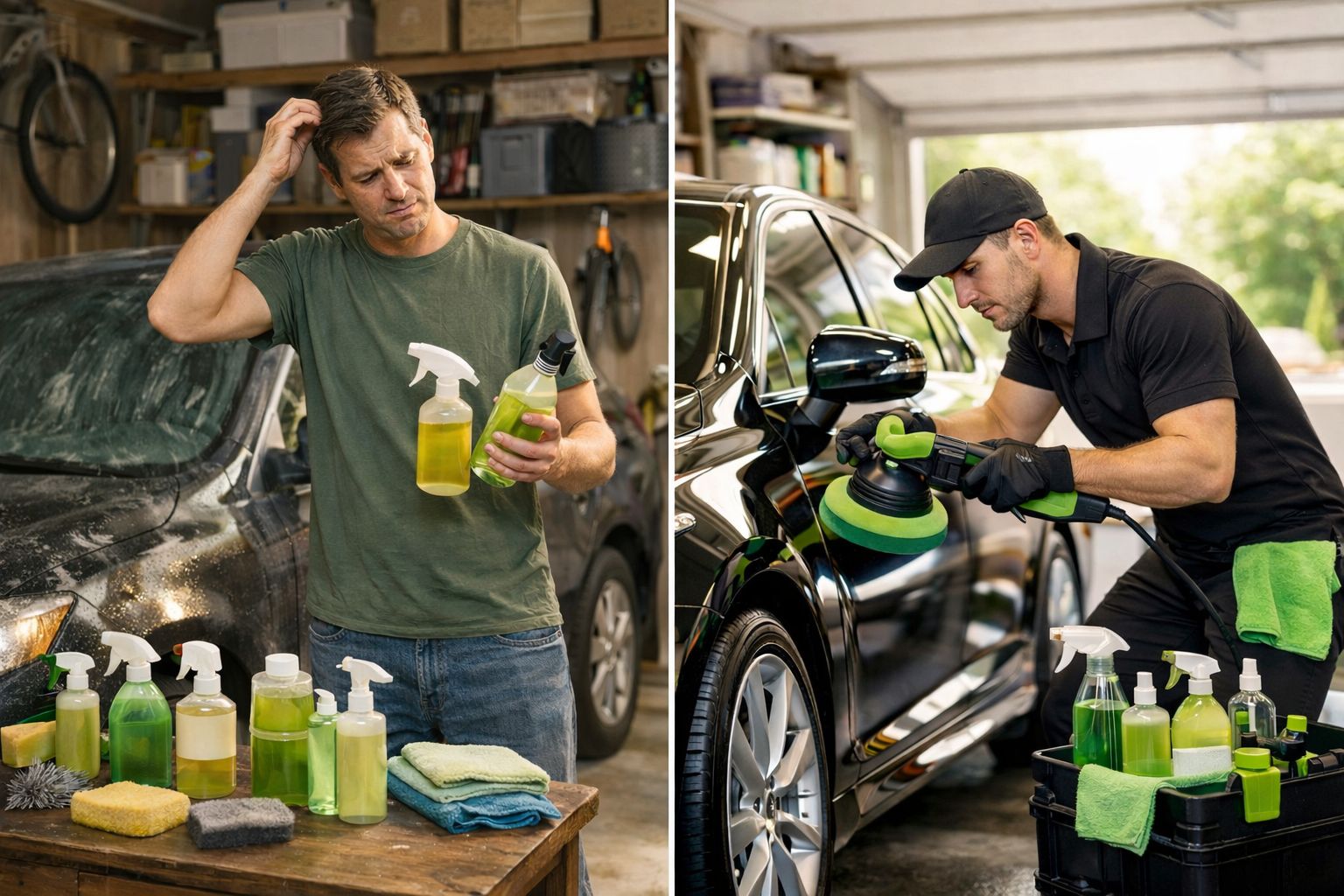 A split-screen view showing a man selecting car detailing products and another using a buffer on a car.
