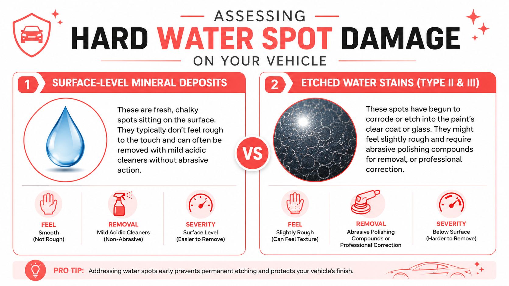 An infographic showing two types of hard water stain damage on a vehicle and removal methods.