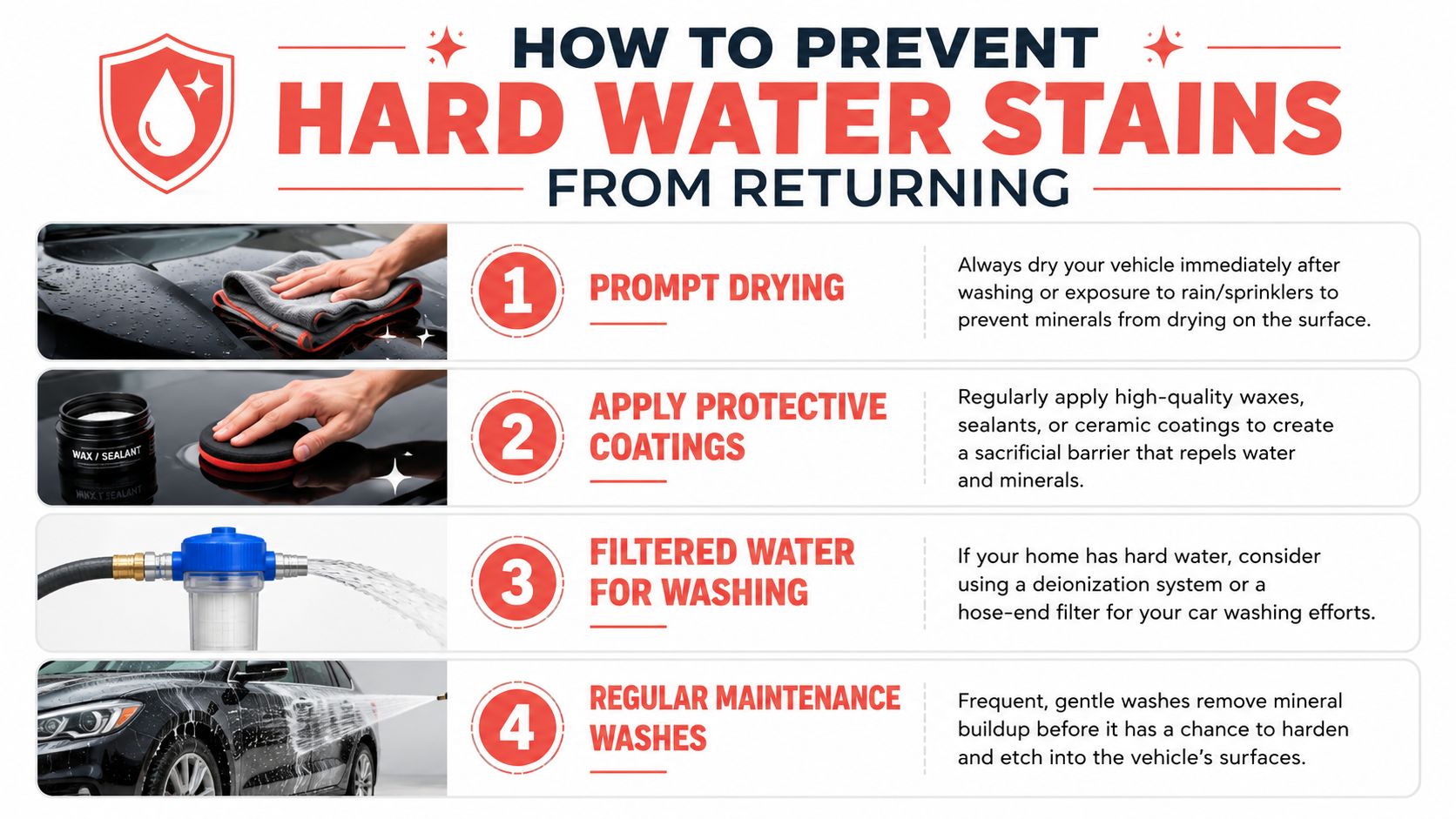 An infographic detailing four effective methods to prevent hard water stains from forming on vehicle surfaces.