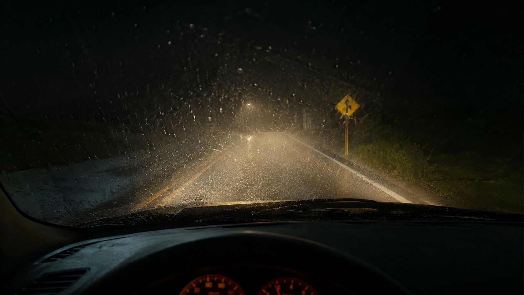A view from inside a car driving on a rainy, dark road at night with illuminated headlights.