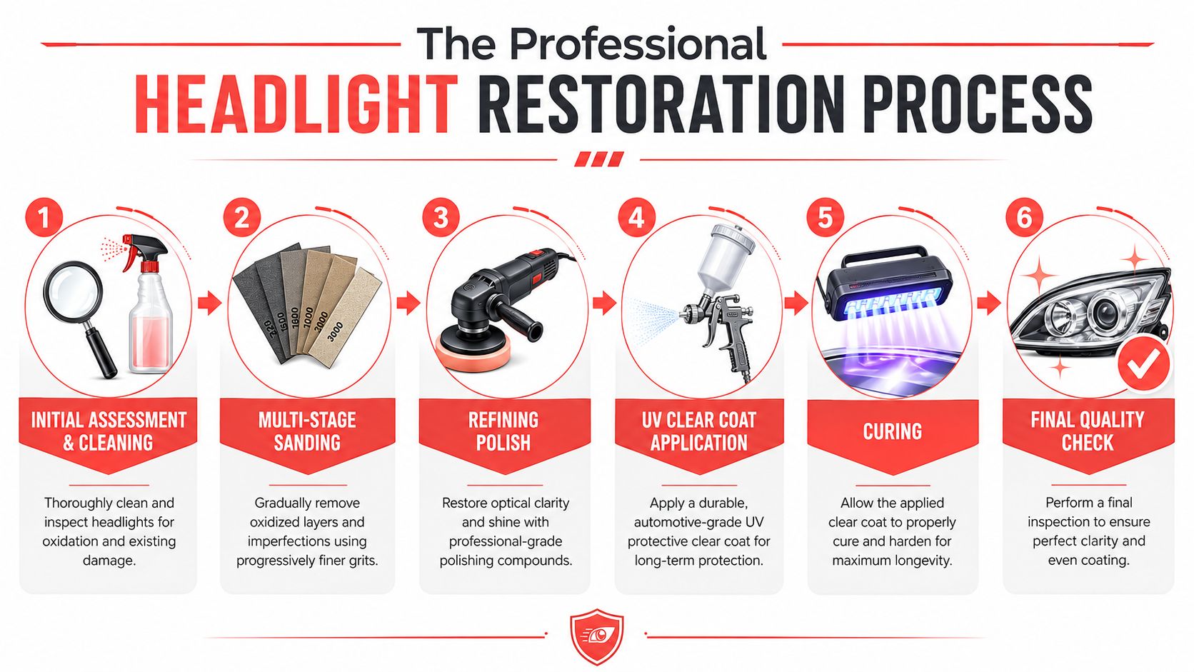 An infographic showing the professional six-step process for restoring and clearing foggy vehicle headlight lenses.
