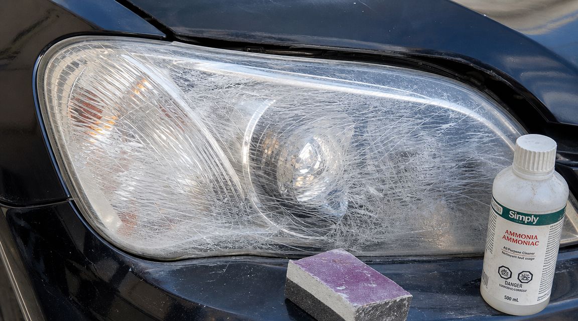A car headlight with severe surface scratches resting beside a bottle of ammonia and a sanding block.