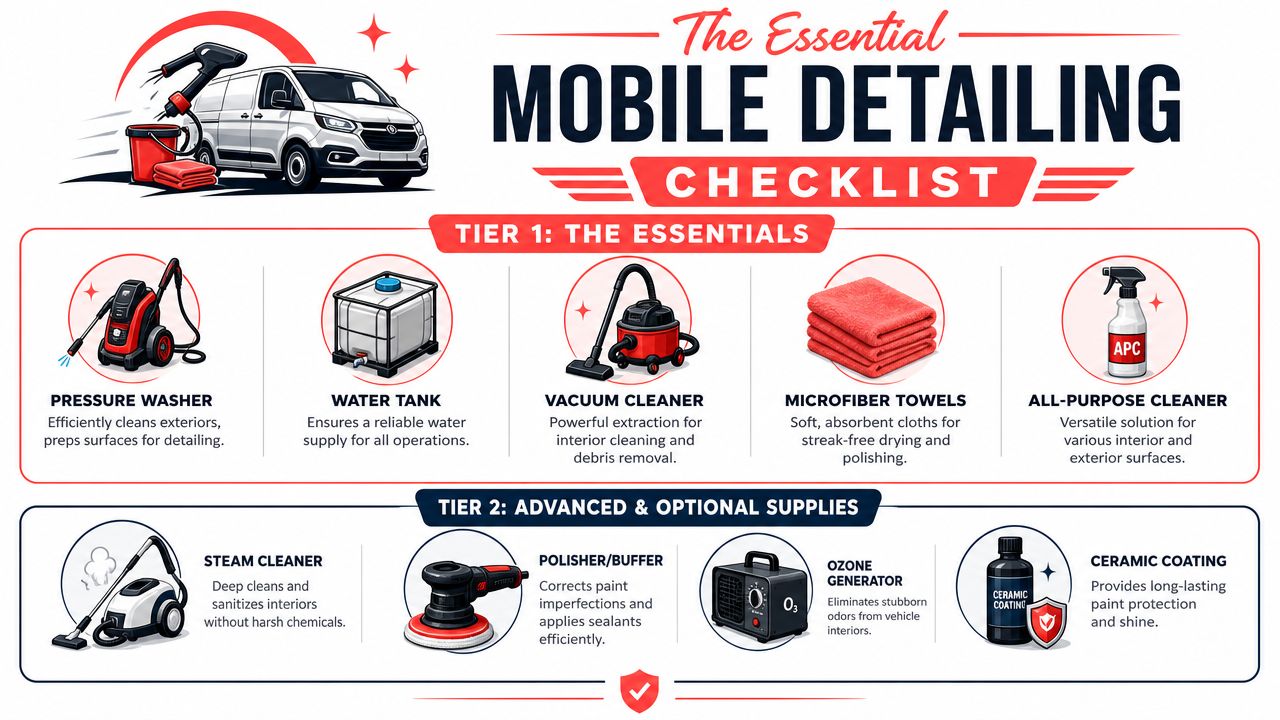 A comprehensive checklist for mobile car detailing equipment, organized into essential and advanced professional supply tiers.