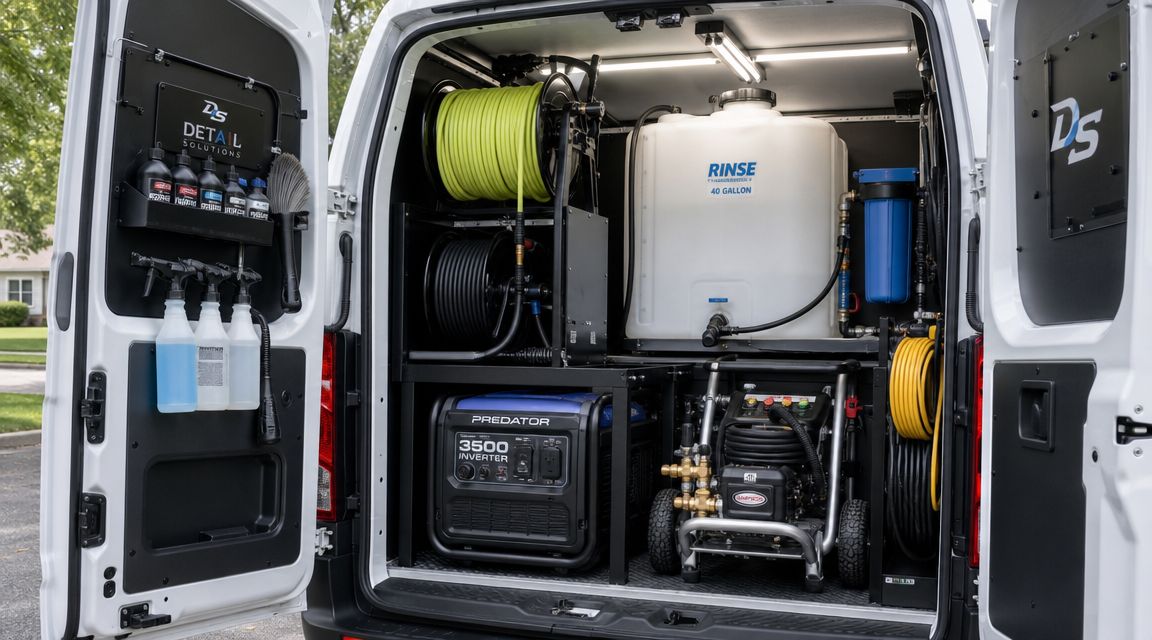 A neatly organized mobile car detailing van interior equipped with a water tank, generator, and cleaning tools.
