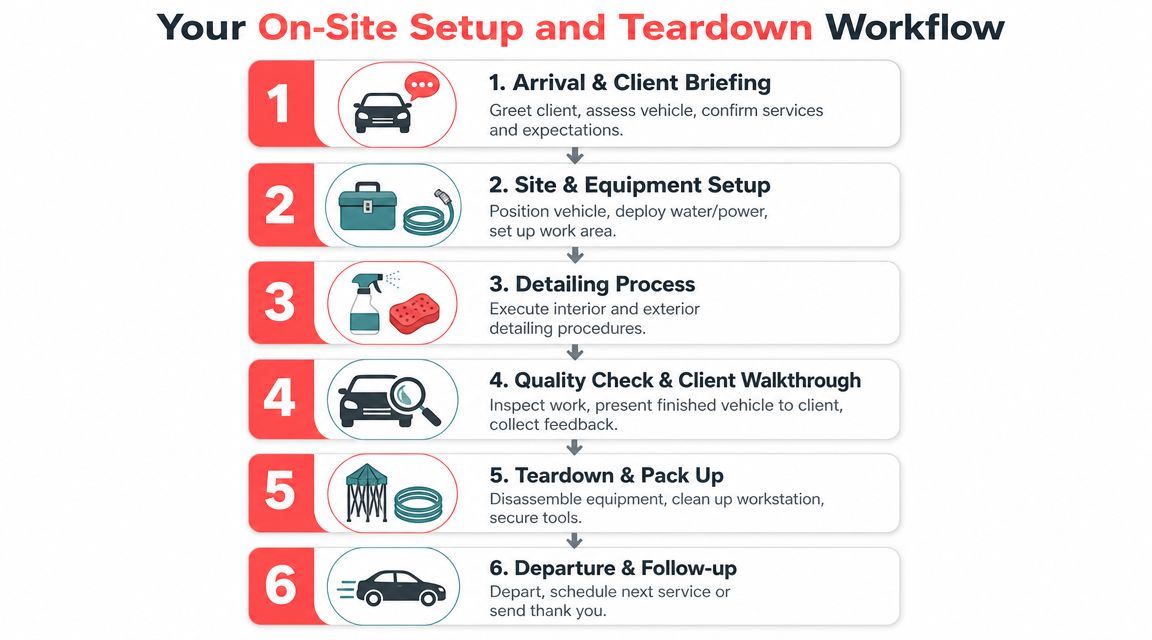 A workflow infographic detailing the six-step process for on-site mobile car detailing and client services.