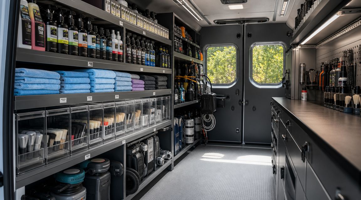 A well-organized interior of a mobile car detailing van filled with supplies, tools, and cleaning equipment.