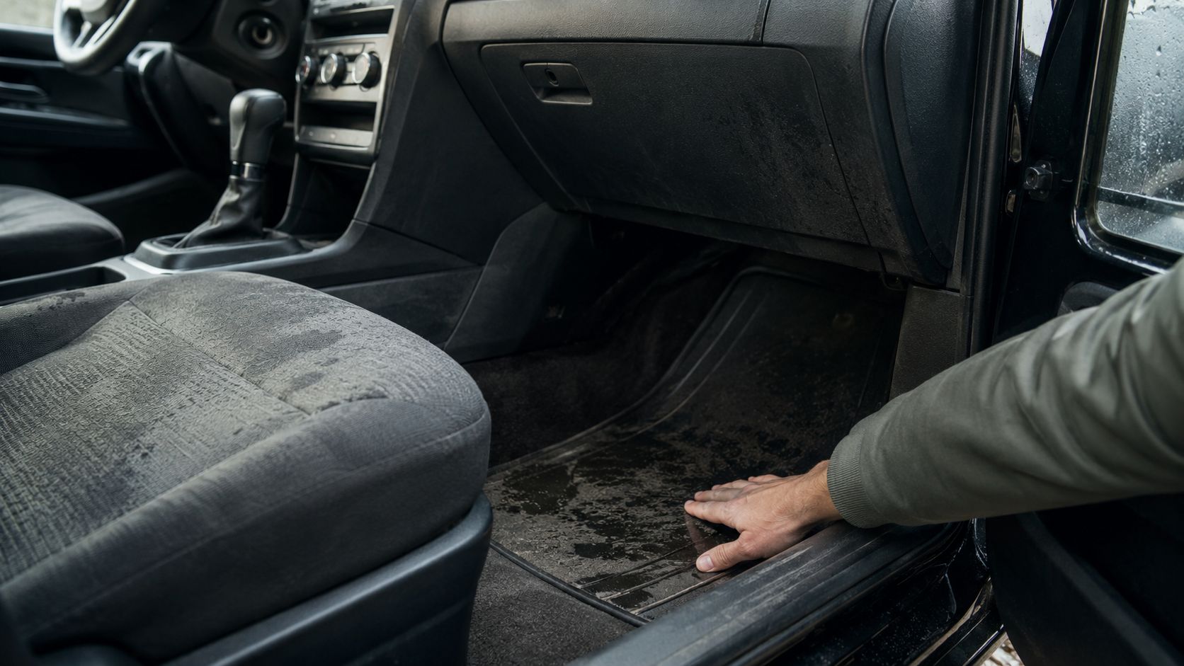 A person checking a wet car floor mat, indicating potential water damage or mold issues inside vehicle.