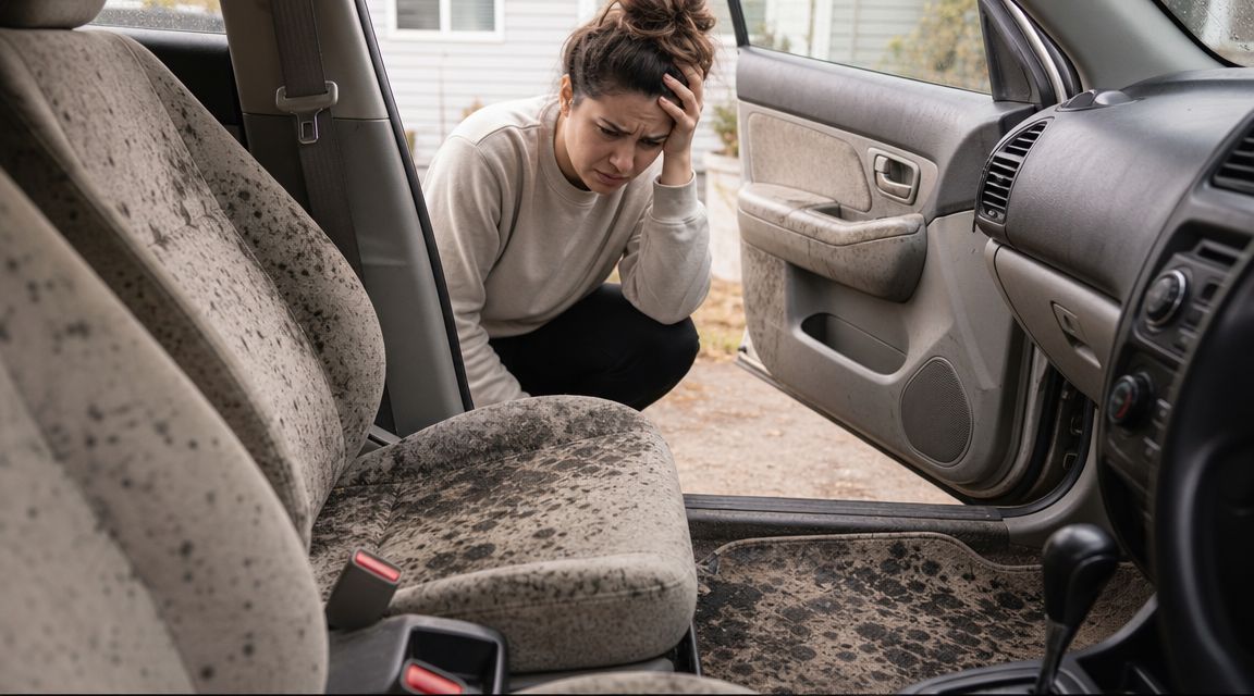 A distressed woman looking at her car interior covered in black mold stains and mildew growth.