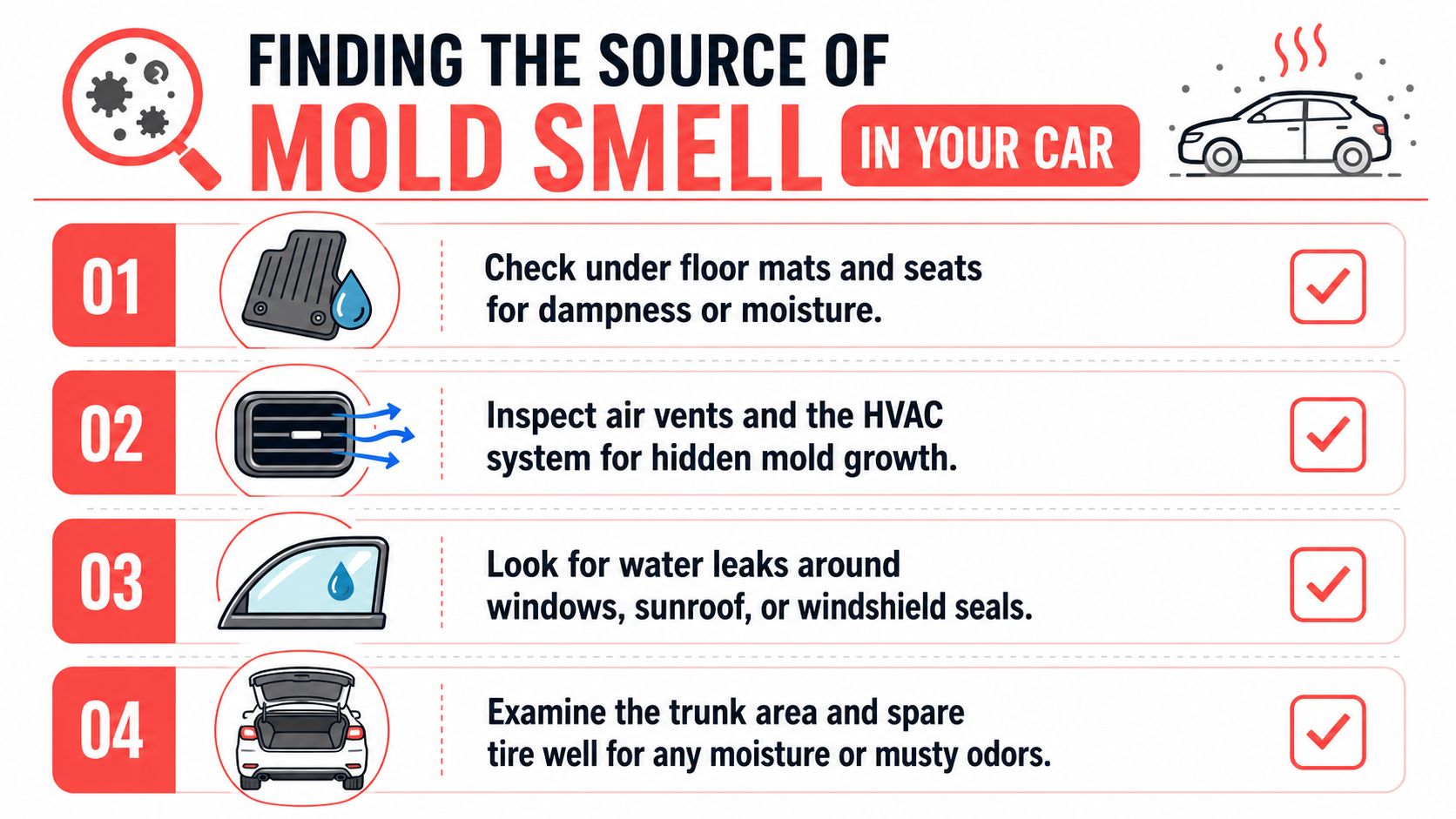 An infographic showing four steps to find and identify the source of mold smell in your car.