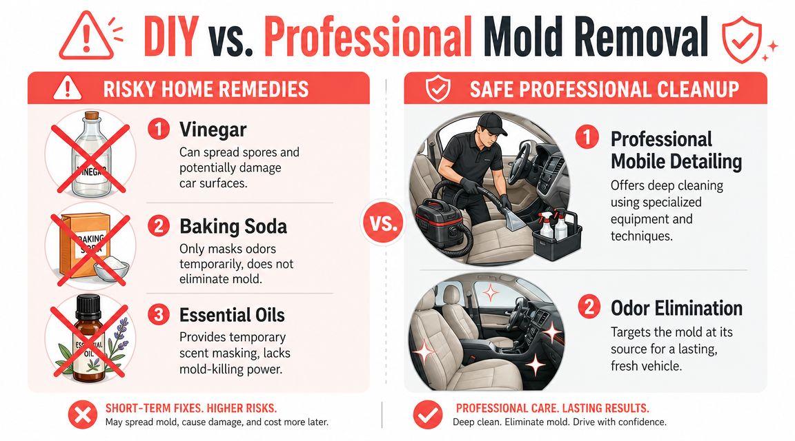An infographic comparing risky DIY mold removal methods with safe professional car mold cleaning services.