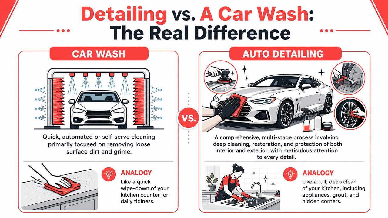 A comparison infographic showing the difference between a quick car wash and a professional auto detailing service.