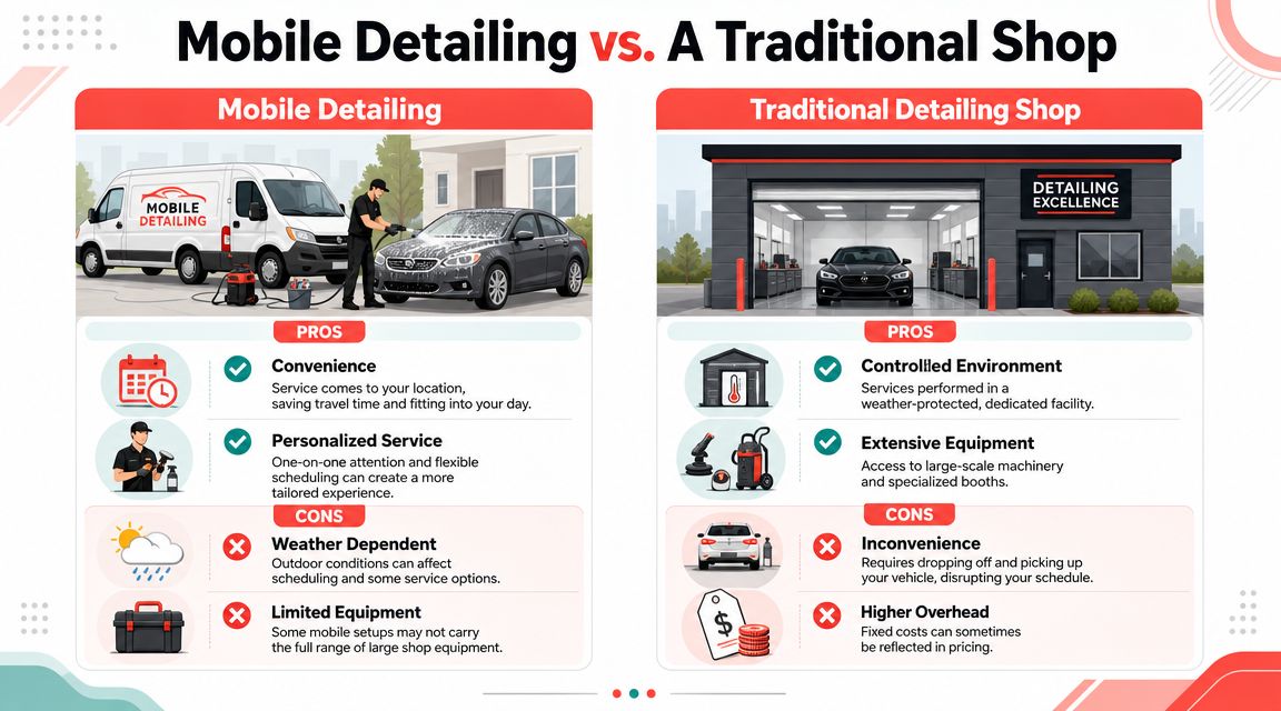 An infographic comparing the pros and cons of mobile auto detailing services versus traditional brick-and-mortar shops.