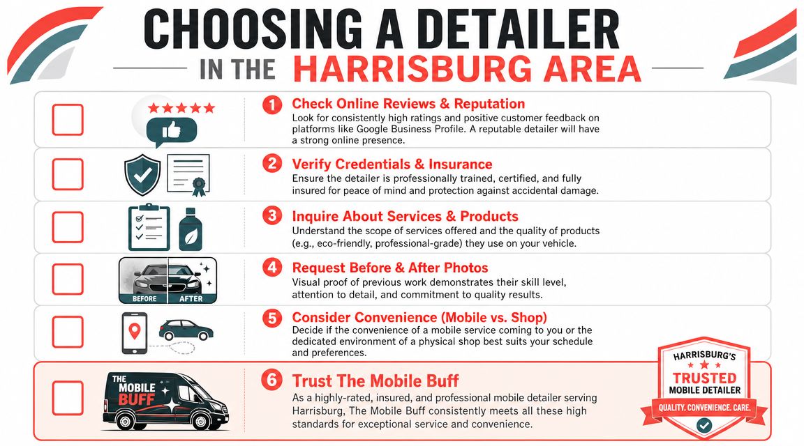 An infographic titled Choosing a Detailer in the Harrisburg Area listing six tips for selecting auto services.