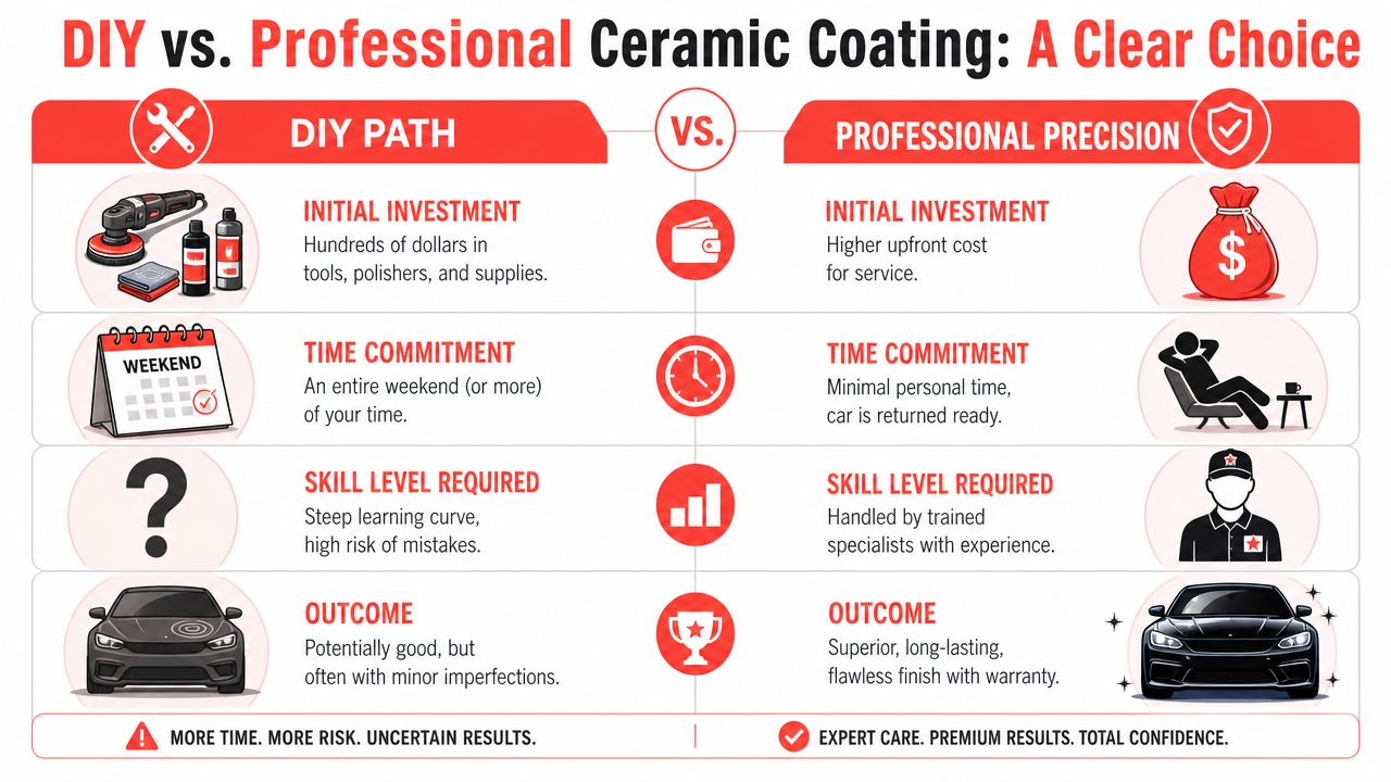 A comparison chart showing the differences between DIY and professional ceramic coating application for cars.