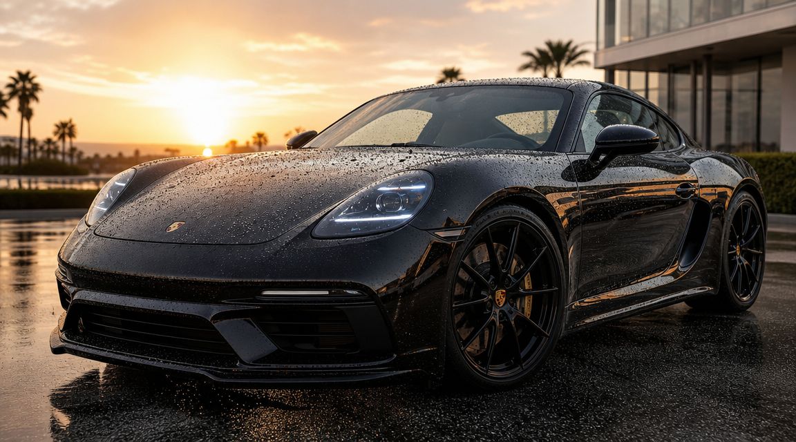 A sleek black Porsche car with a glossy ceramic coating finish, parked outdoors during a sunset.