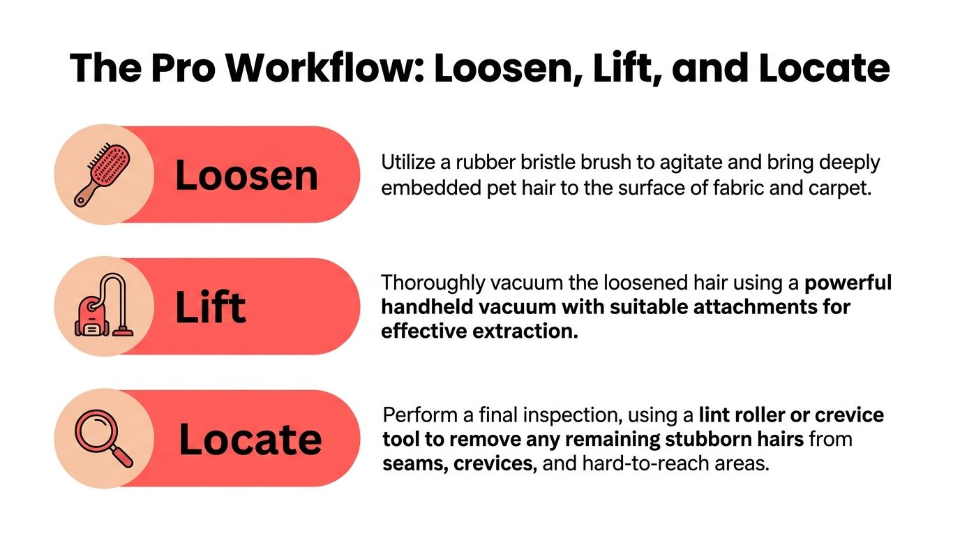 A professional three-step workflow guide for effectively removing pet hair from fabrics and carpets.
