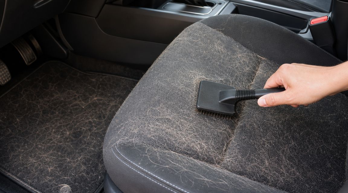 A person using a tool to clean pet hair from a car seat covered in animal fur.