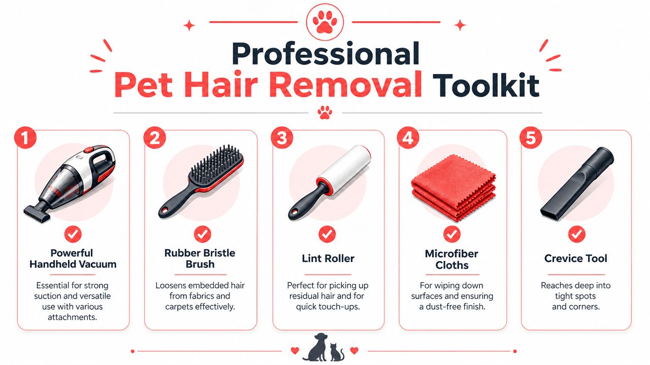 A professional pet hair removal toolkit infographic featuring a vacuum, rubber brush, lint roller, cloths, and crevice tool.